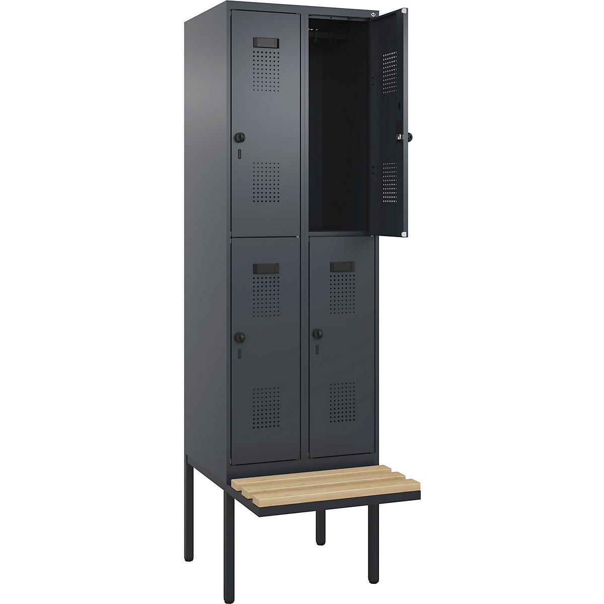 Vestiar cu două niveluri Evolo PLUS cu bancă, 2 module, gri, lăț. 600 mm, zăvor rotativ de siguranță, cu banchetă în consolă, fag-0