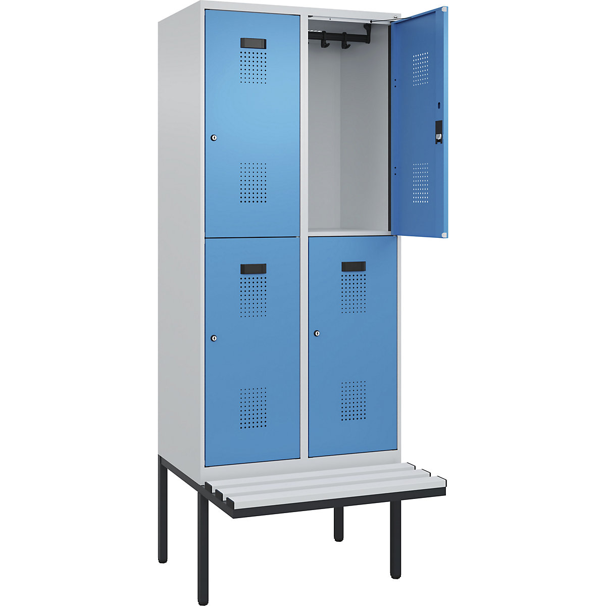 Vestiar cu două niveluri Evolo PLUS cu bancă, 2 module, gri deschis / albastru deschis, lăț. 800 mm, încuietoare cilindrică, cu banchetă în consolă, plastic-0