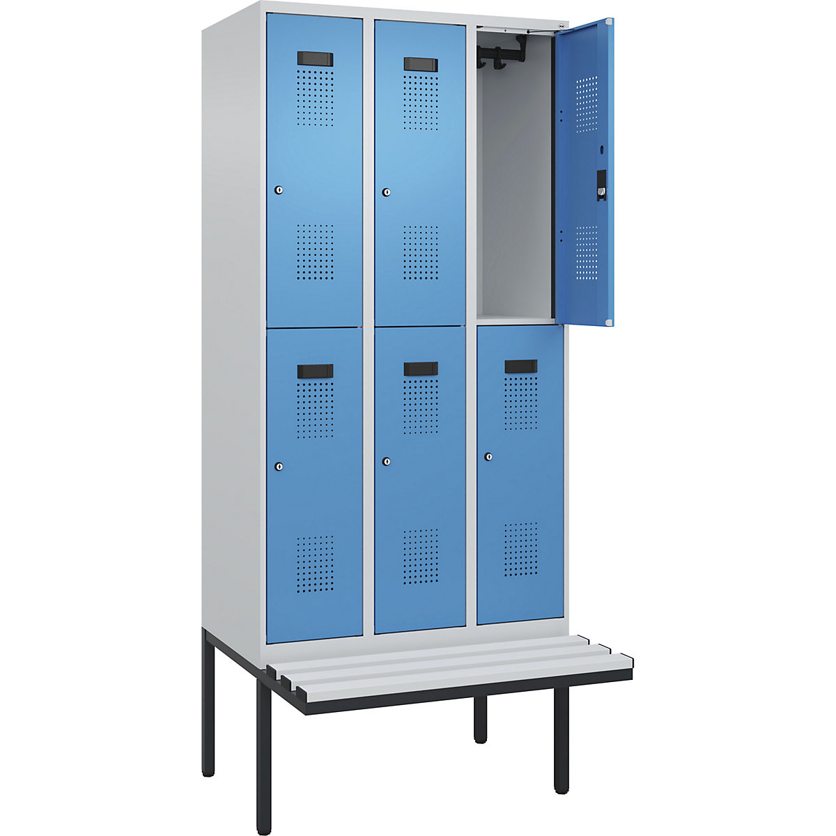Vestiar cu două niveluri Evolo PLUS cu bancă, 3 module, gri deschis / albastru deschis, lăț. 900 mm, încuietoare cilindrică, cu banchetă în consolă, plastic-0