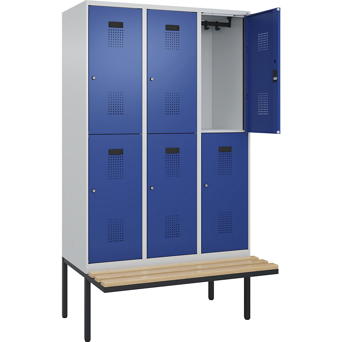 Vestiar cu două niveluri Evolo PLUS cu bancă, 3 module, gri deschis / albastru gențiană, lăț. 1200 mm, încuietoare cilindrică, cu banchetă în consolă, fag-0