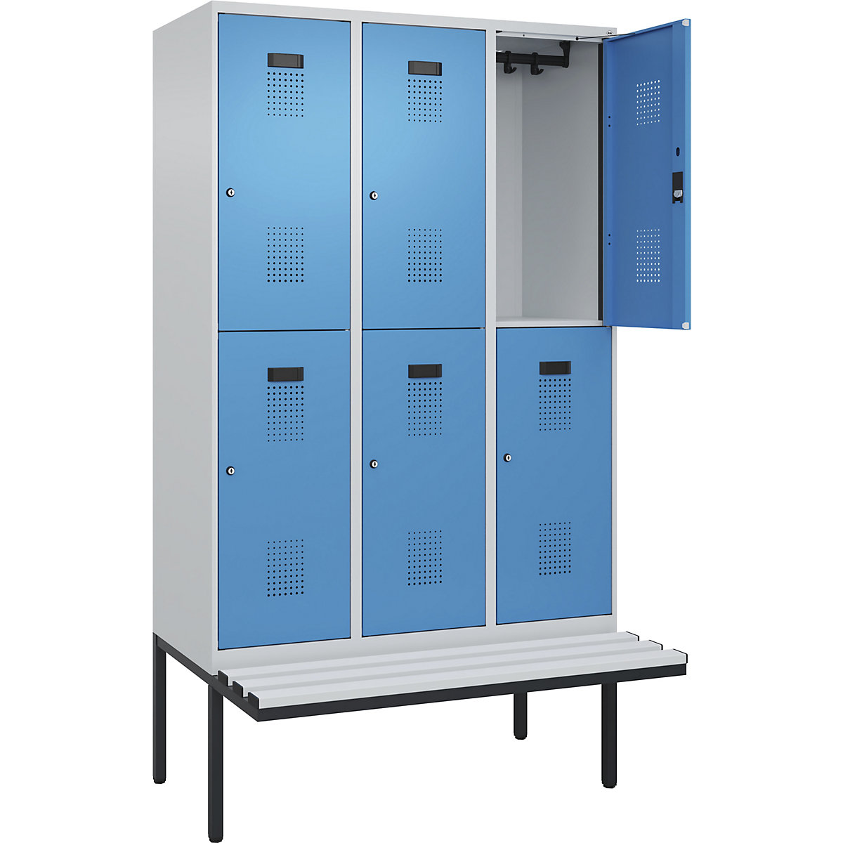 Vestiar cu două niveluri Evolo PLUS cu bancă, 3 module, gri deschis / albastru deschis, lăț. 1200 mm, încuietoare cilindrică, cu banchetă în consolă, plastic-0