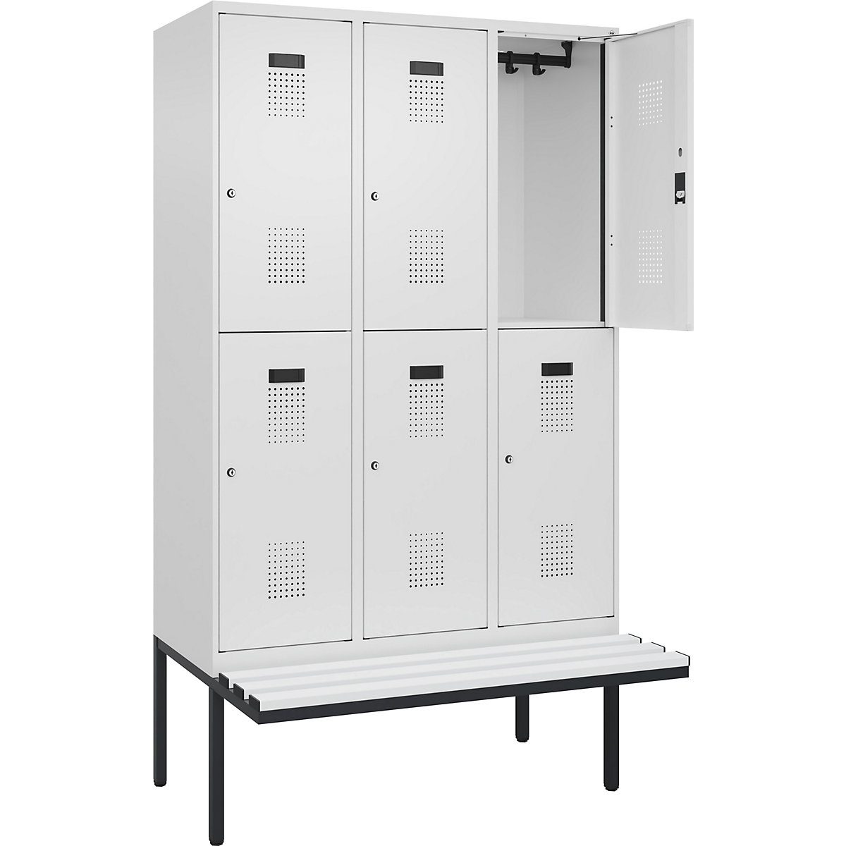 Vestiar cu două niveluri Evolo PLUS cu bancă, 3 module, alb, lăț. 1200 mm, încuietoare cilindrică, cu banchetă în consolă, plastic-0