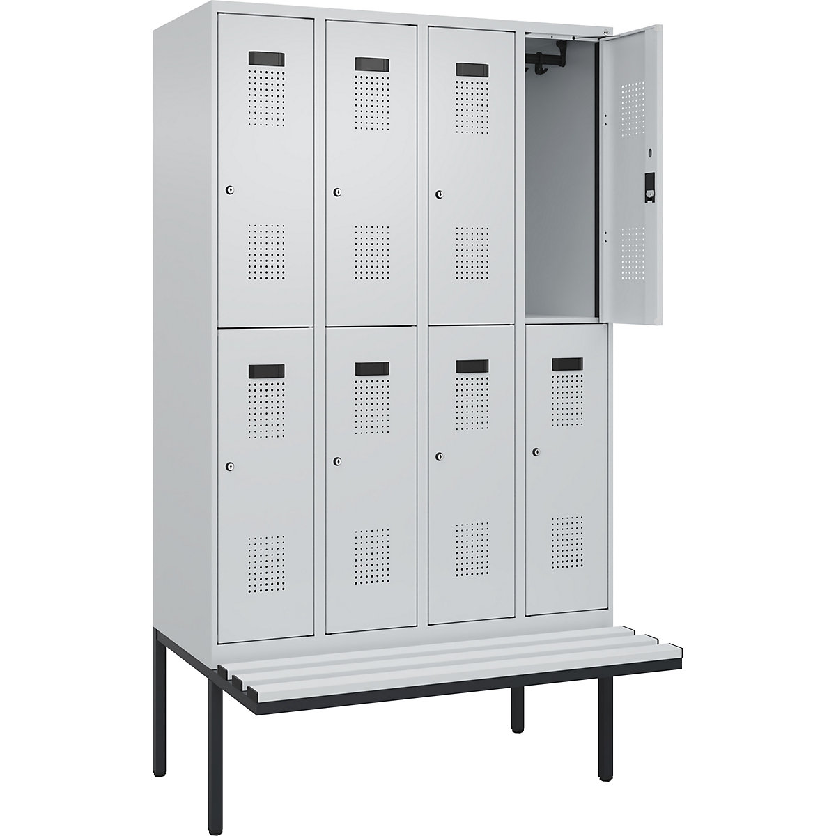 Vestiar cu două niveluri Evolo PLUS cu bancă, 4 module, gri deschis / gri deschis, lăț. 1200 mm, încuietoare cilindrică, cu banchetă în consolă, plastic-0