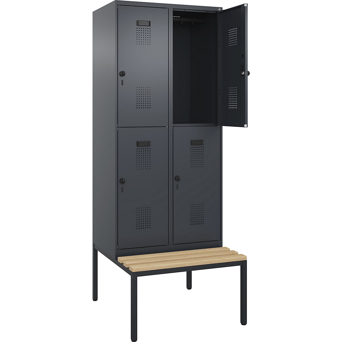 Vestiar cu două niveluri Evolo PLUS cu bancă, 2 module, gri, lăț. 800 mm, zăvor rotativ de siguranță, cu banchetă amplasată pe podea, fag-0