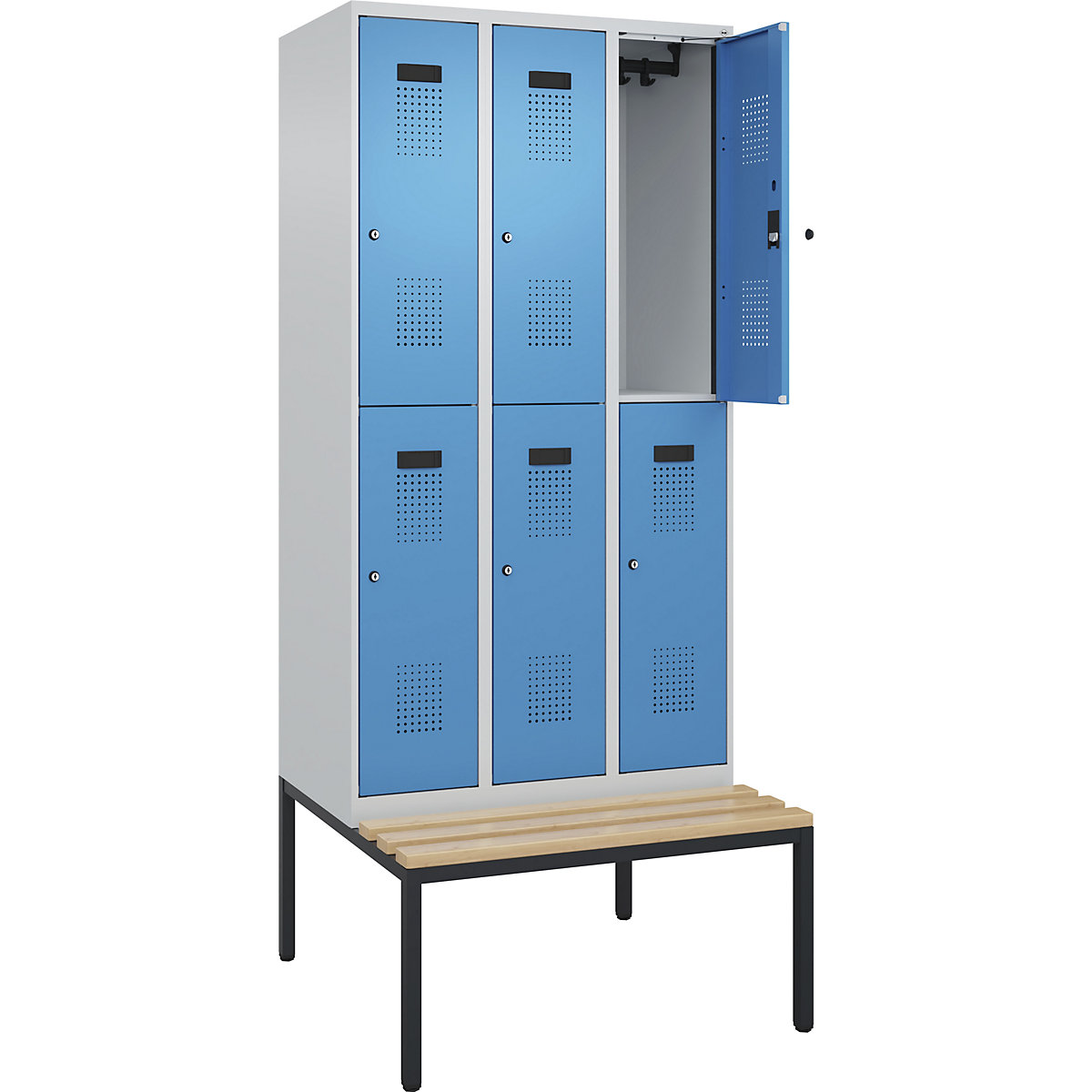 Vestiar cu două niveluri Evolo PLUS cu bancă, 3 module, gri deschis / albastru deschis, lăț. 900 mm, încuietoare cilindrică, cu banchetă amplasată pe podea, fag-0