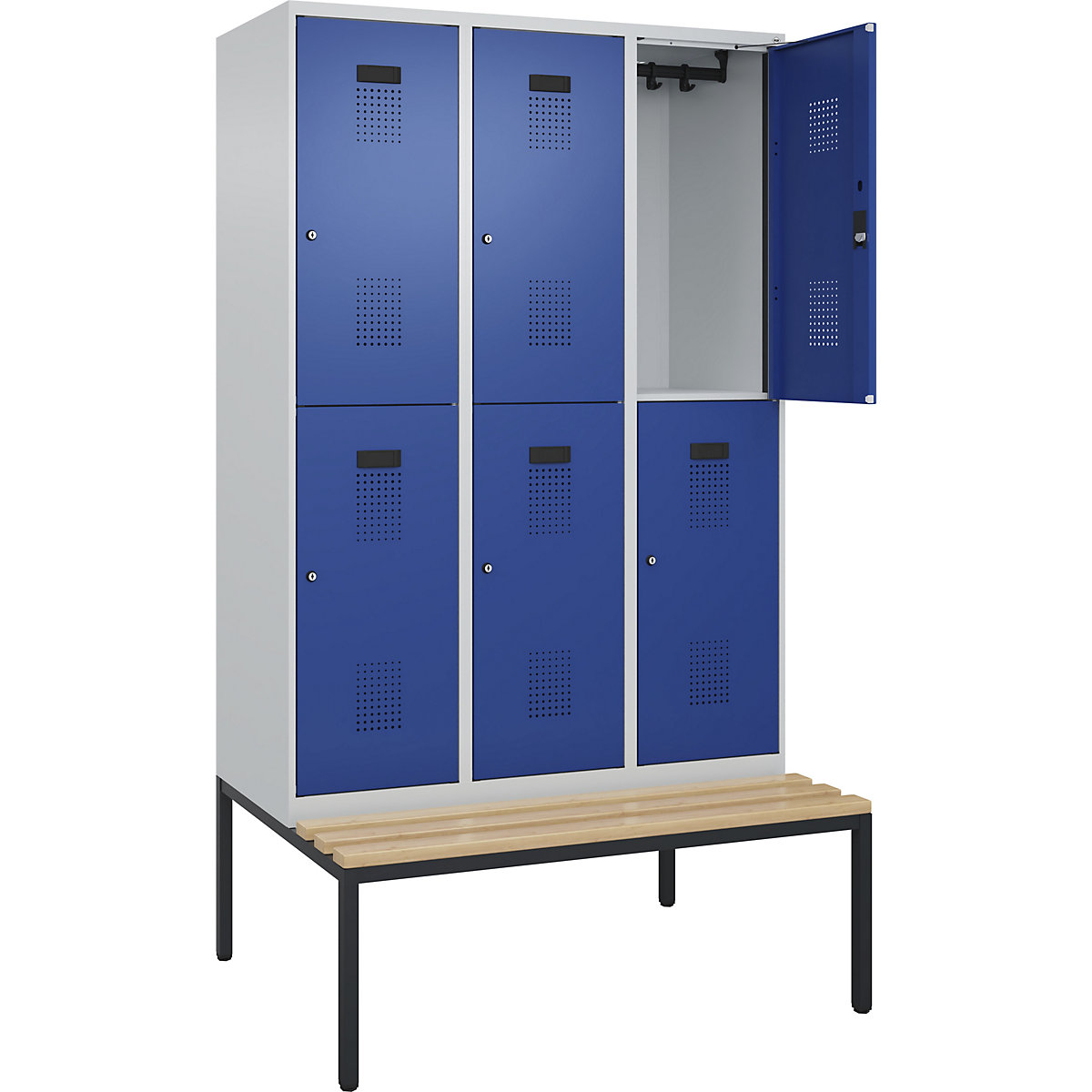 Vestiar cu două niveluri Evolo PLUS cu bancă, 3 module, gri deschis / albastru gențiană, lăț. 1200 mm, încuietoare cilindrică, cu banchetă amplasată pe podea, fag-0