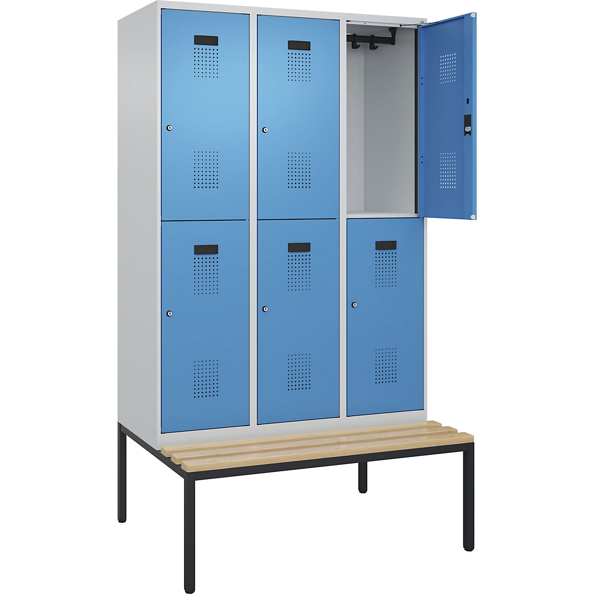 Vestiar cu două niveluri Evolo PLUS cu bancă, 3 module, gri deschis / albastru deschis, lăț. 1200 mm, încuietoare cilindrică, cu banchetă amplasată pe podea, fag-0