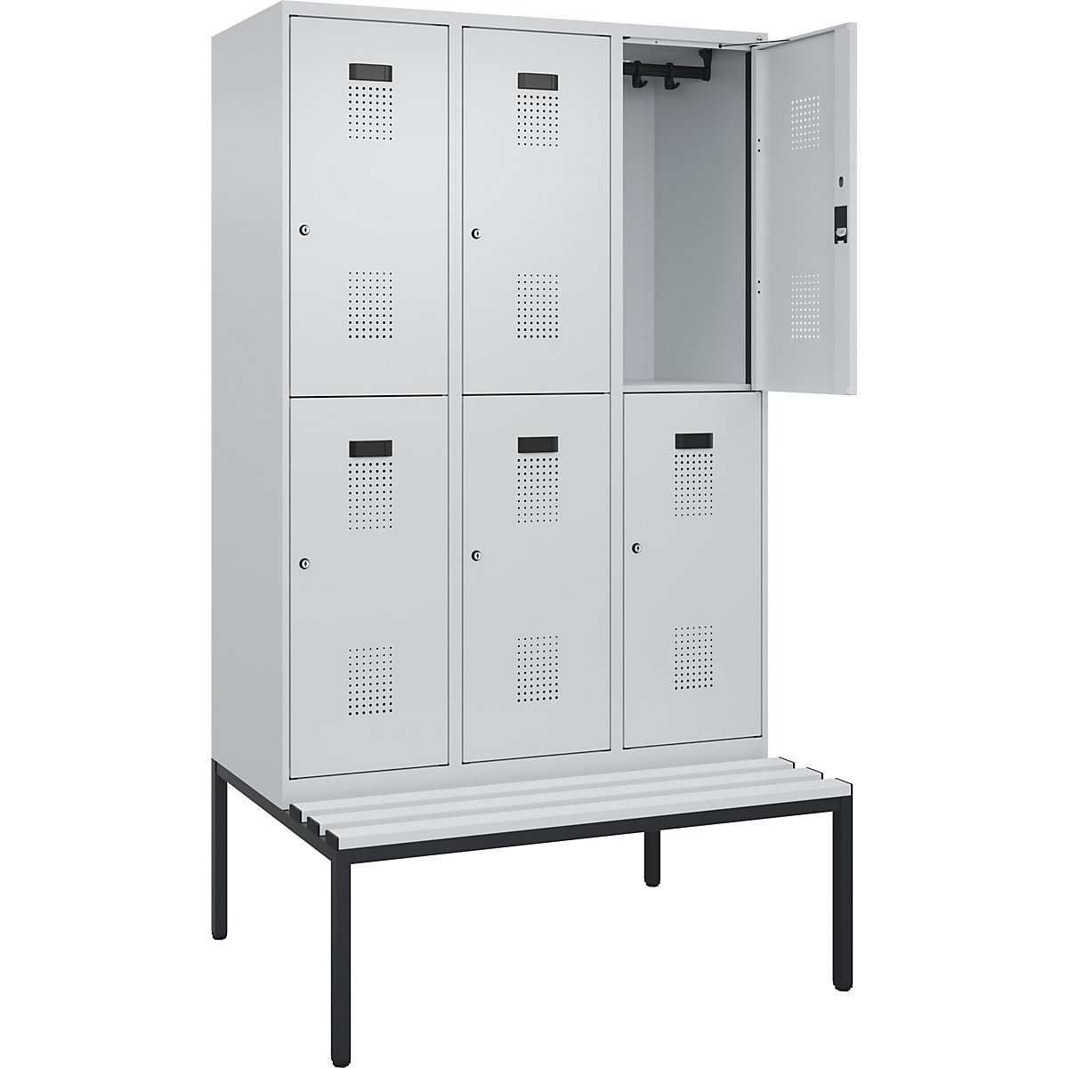 Vestiar cu două niveluri Evolo PLUS cu bancă, 3 module, gri deschis / gri deschis, lăț. 1200 mm, încuietoare cilindrică, cu banchetă amplasată pe podea, plastic-0