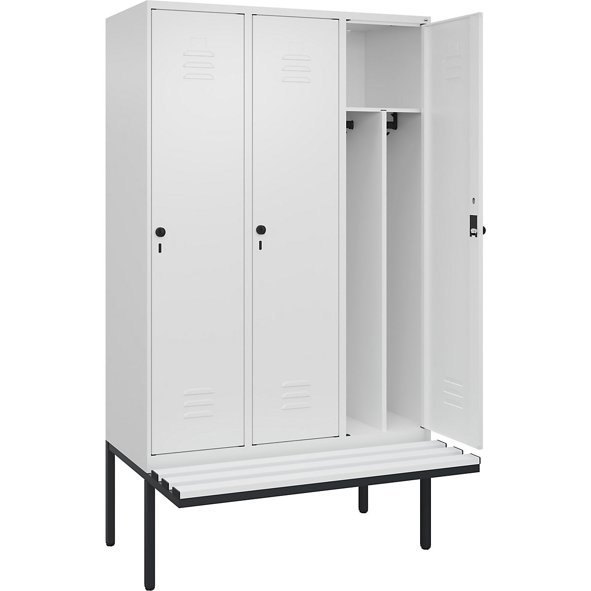 Vestiar pentru haine curate și murdare Classic PLUS cu bancă, îngust – C+P, 3 module, perete despărțitor scurtat, alb trafic, lăț. 1200 mm, zăvor rotativ de siguranță, în consolă, plastic-0