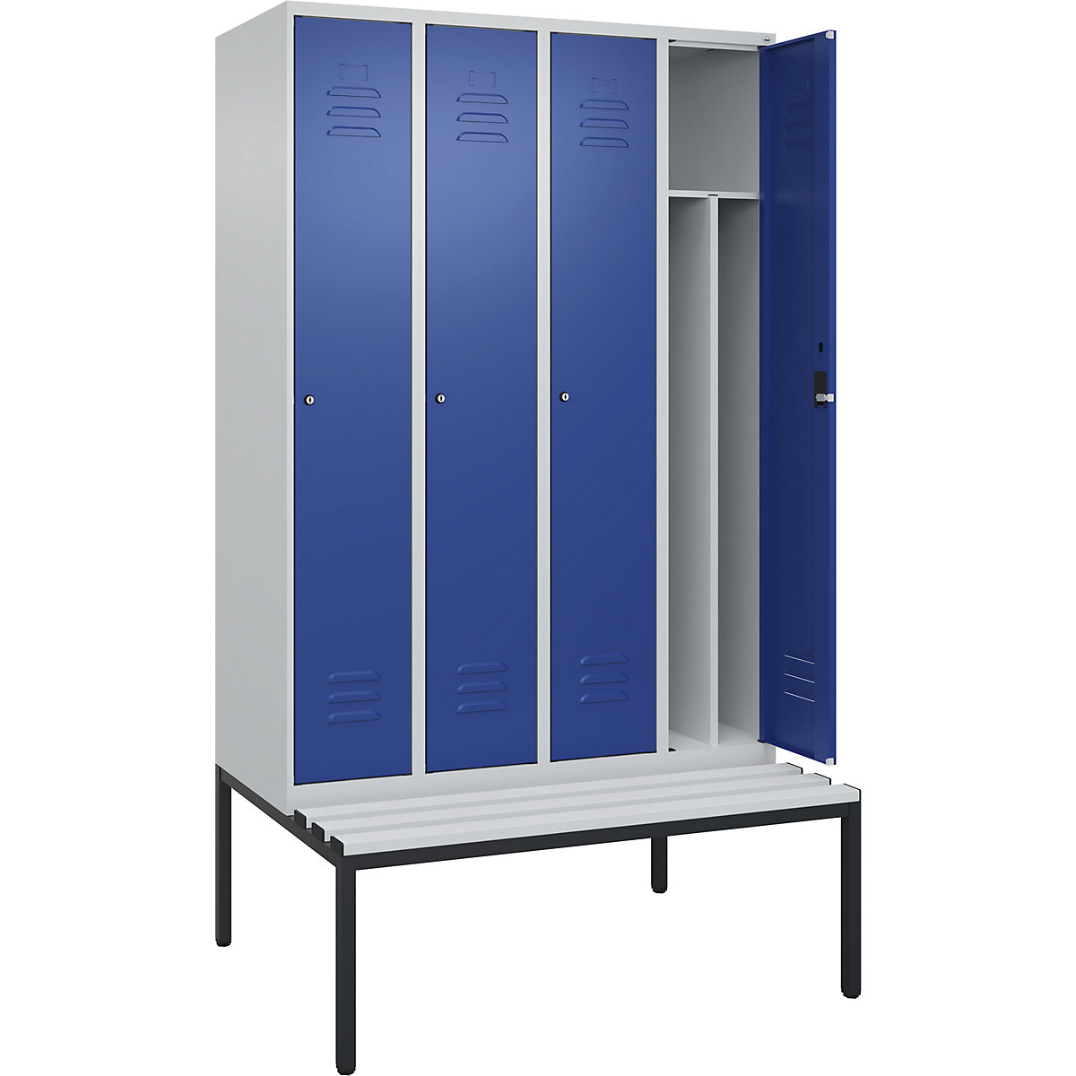 Vestiar pentru haine curate și murdare Classic PLUS cu bancă, îngust – C+P, 4 module, perete despărțitor scurtat, gri deschis / albastru gențiană, lăț. 1200 mm, încuietoare cilindrică, pe podea, plastic-0