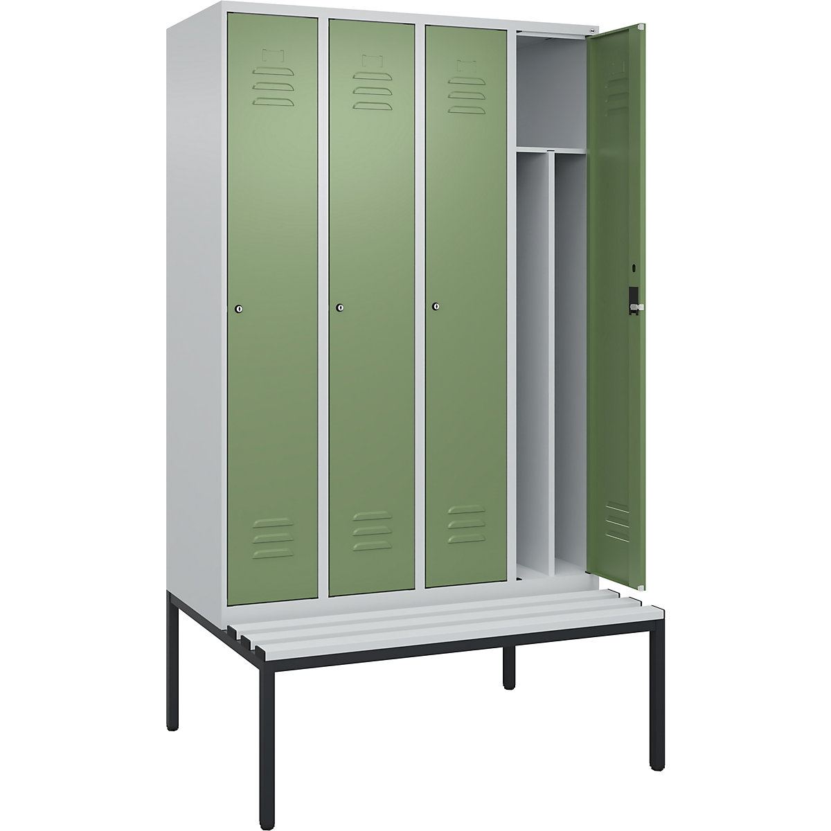 Vestiar pentru haine curate și murdare Classic PLUS cu bancă, îngust – C+P, 4 module, perete despărțitor scurtat, gri deschis / verde reseda, lăț. 1200 mm, încuietoare cilindrică, pe podea, plastic-0