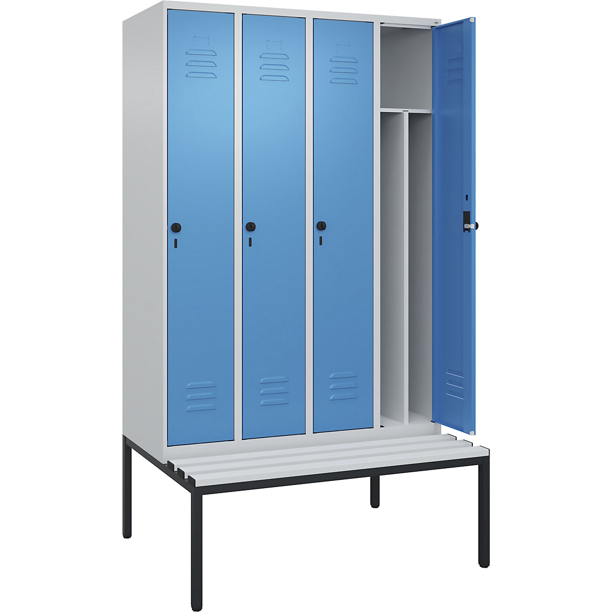 Vestiar pentru haine curate și murdare Classic PLUS cu bancă, îngust – C+P, 4 module, perete despărțitor scurtat, gri deschis / albastru deschis, lăț. 1200 mm, zăvor rotativ de siguranță, pe podea, plastic-0
