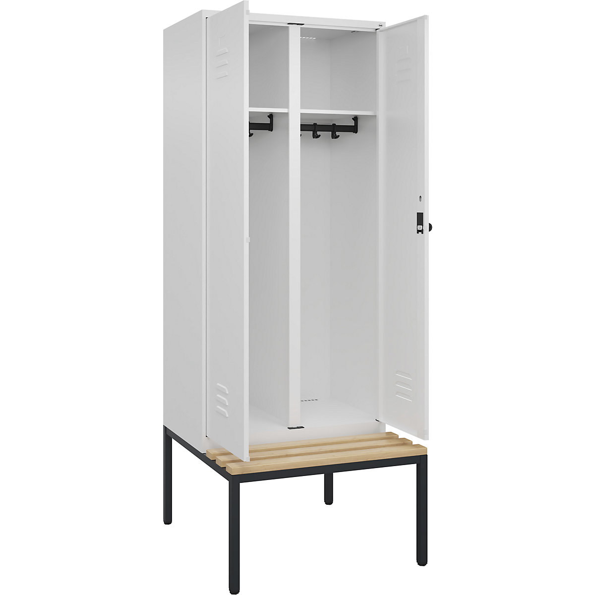 Vestiar pentru haine curate și murdare Classic PLUS cu bancă – C+P, 1 modul, alb trafic, lăț. 800 mm, zăvor rotativ de siguranță, pe podea, lemn dur de fag-0