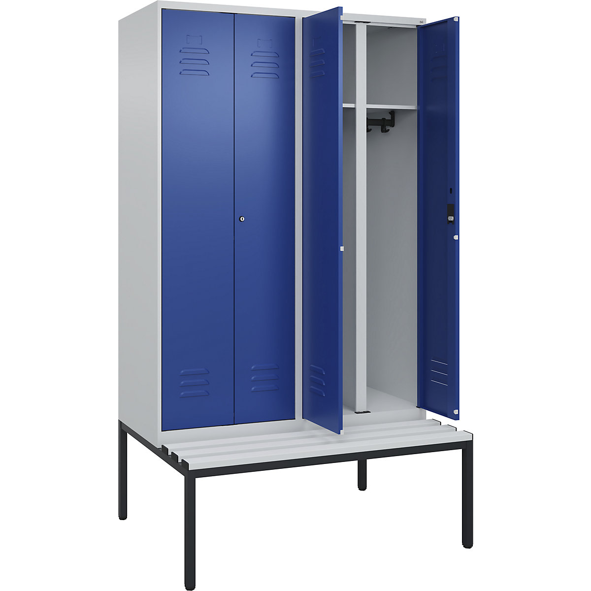 Vestiar pentru haine curate și murdare Classic PLUS cu bancă – C+P, 2 module, gri deschis / albastru gențiană, lăț. 1200 mm, încuietoare cilindrică, pe podea, plastic-0