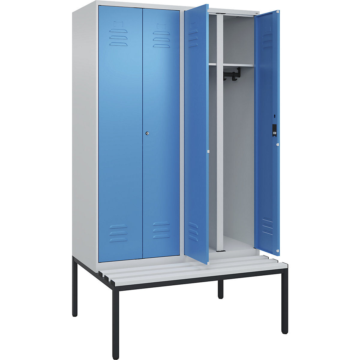 Vestiar pentru haine curate și murdare Classic PLUS cu bancă – C+P, 2 module, gri deschis / albastru deschis, lăț. 1200 mm, încuietoare cilindrică, pe podea, plastic-0