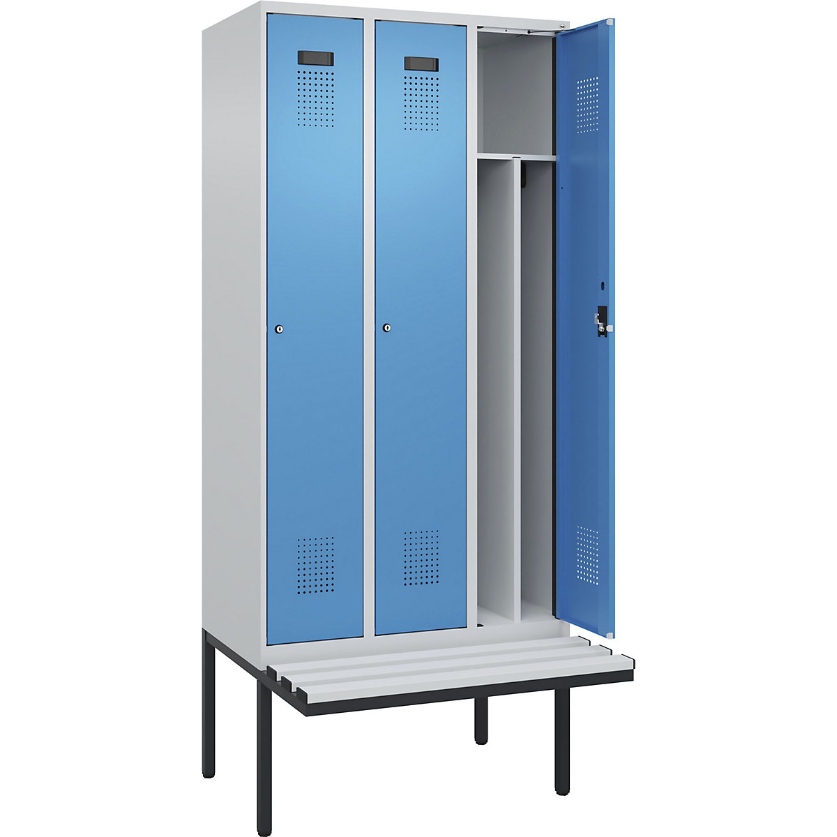 Vestiar pentru haine curate și murdare Evolo PLUS cu bancă, îngust, 3 module, perete despărțitor scurtat, gri deschis / albastru deschis, lăț. 900 mm, încuietoare cilindrică, cu banchetă în consolă, plastic-0