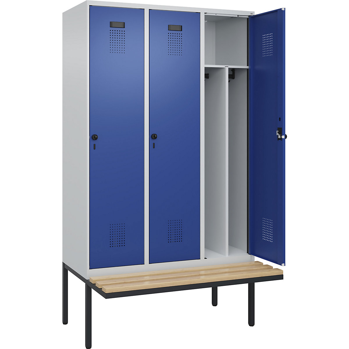 Vestiar pentru haine curate și murdare Evolo PLUS cu bancă, îngust, 3 module, perete despărțitor scurtat, gri deschis / albastru gențiană, lăț. 1200 mm, zăvor rotativ de siguranță, cu banchetă în consolă, fag-0