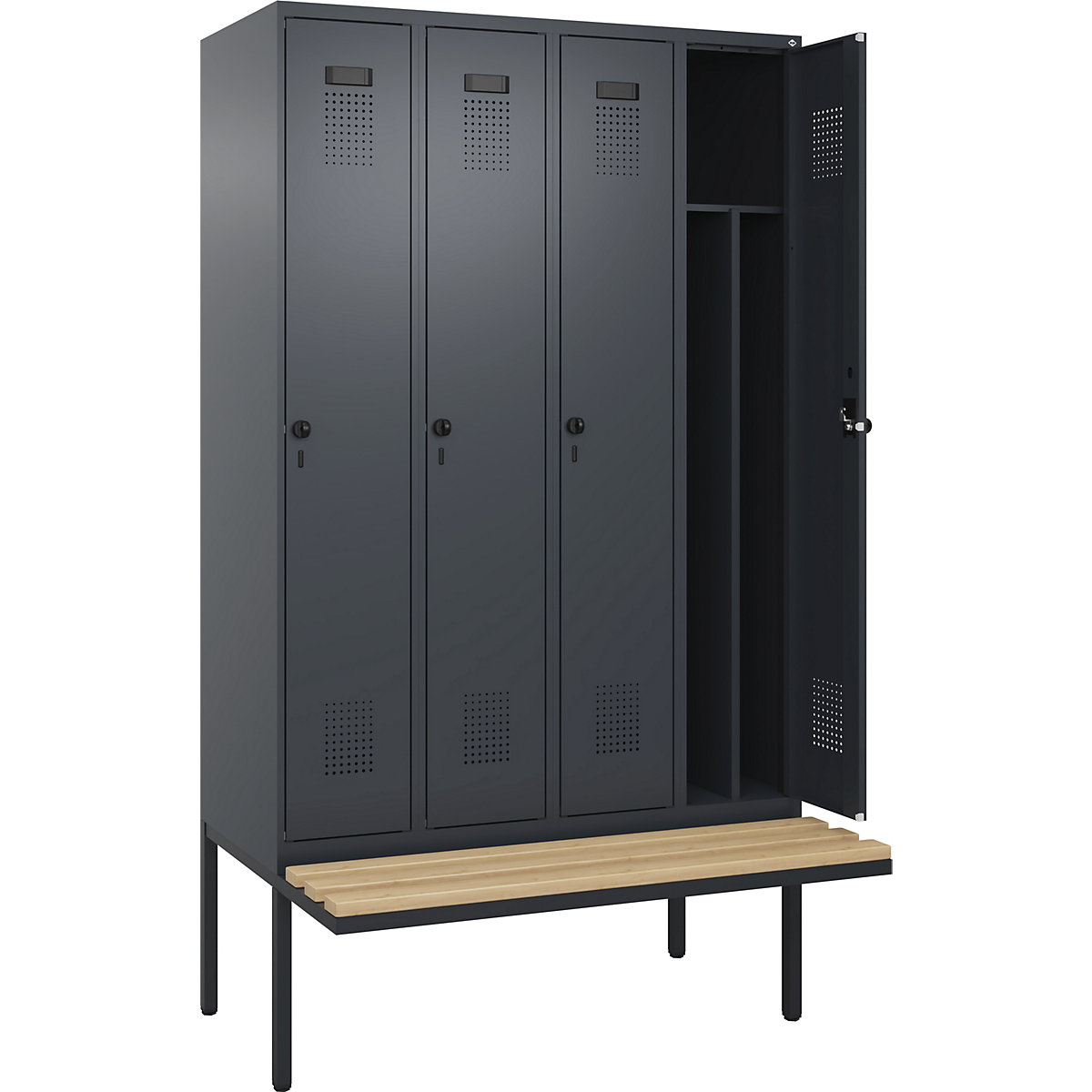 Vestiar pentru haine curate și murdare Evolo PLUS cu bancă, îngust, 4 module, perete despărțitor scurtat, gri, lăț. 1200 mm, zăvor rotativ de siguranță, cu banchetă în consolă, fag-0