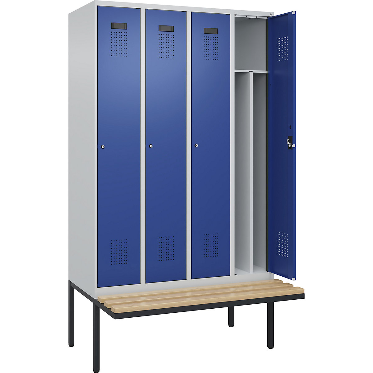 Vestiar pentru haine curate și murdare Evolo PLUS cu bancă, îngust, 4 module, perete despărțitor scurtat, gri deschis / albastru gențiană, lăț. 1200 mm, încuietoare cilindrică, cu banchetă în consolă, fag-0