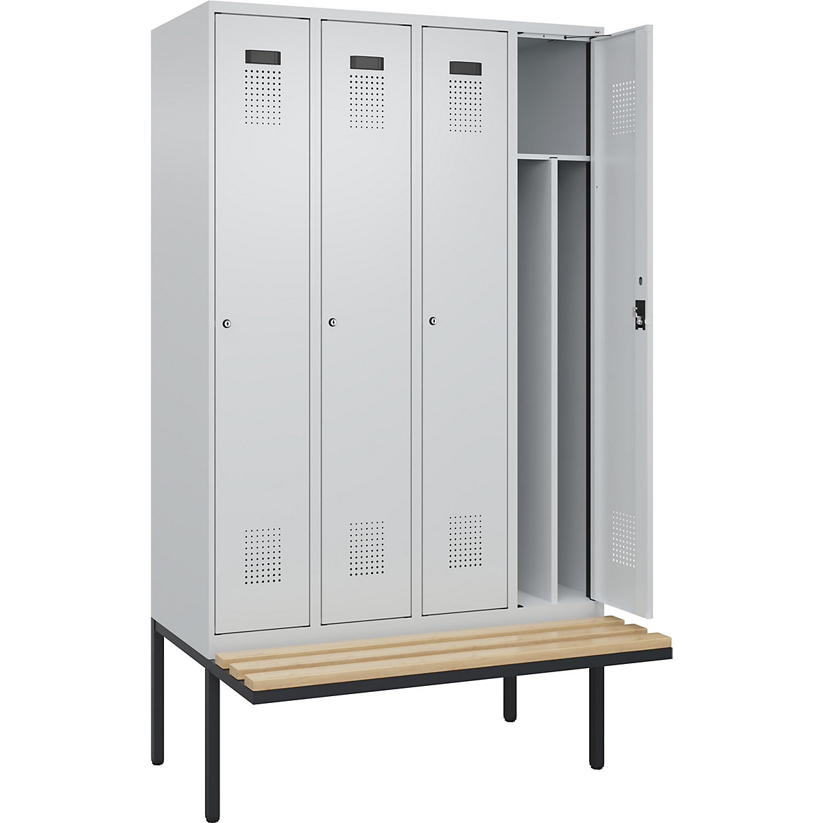 Vestiar pentru haine curate și murdare Evolo PLUS cu bancă, îngust, 4 module, perete despărțitor scurtat, gri deschis / gri deschis, lăț. 1200 mm, încuietoare cilindrică, cu banchetă în consolă, fag-0
