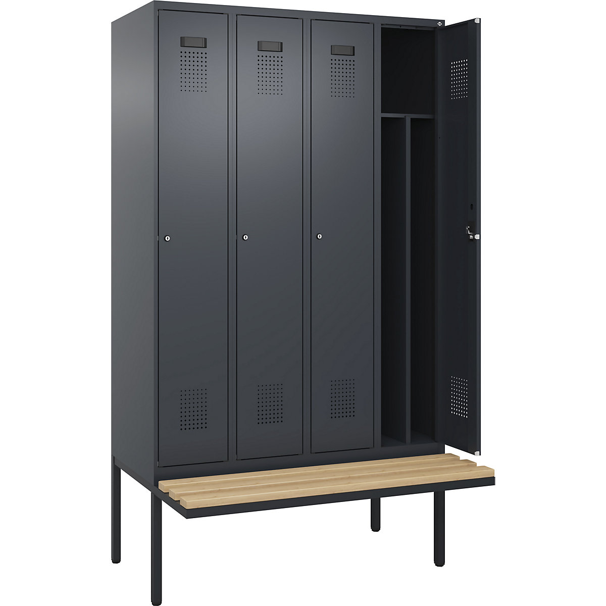 Vestiar pentru haine curate și murdare Evolo PLUS cu bancă, îngust, 4 module, perete despărțitor scurtat, gri, lăț. 1200 mm, încuietoare cilindrică, cu banchetă în consolă, fag-0