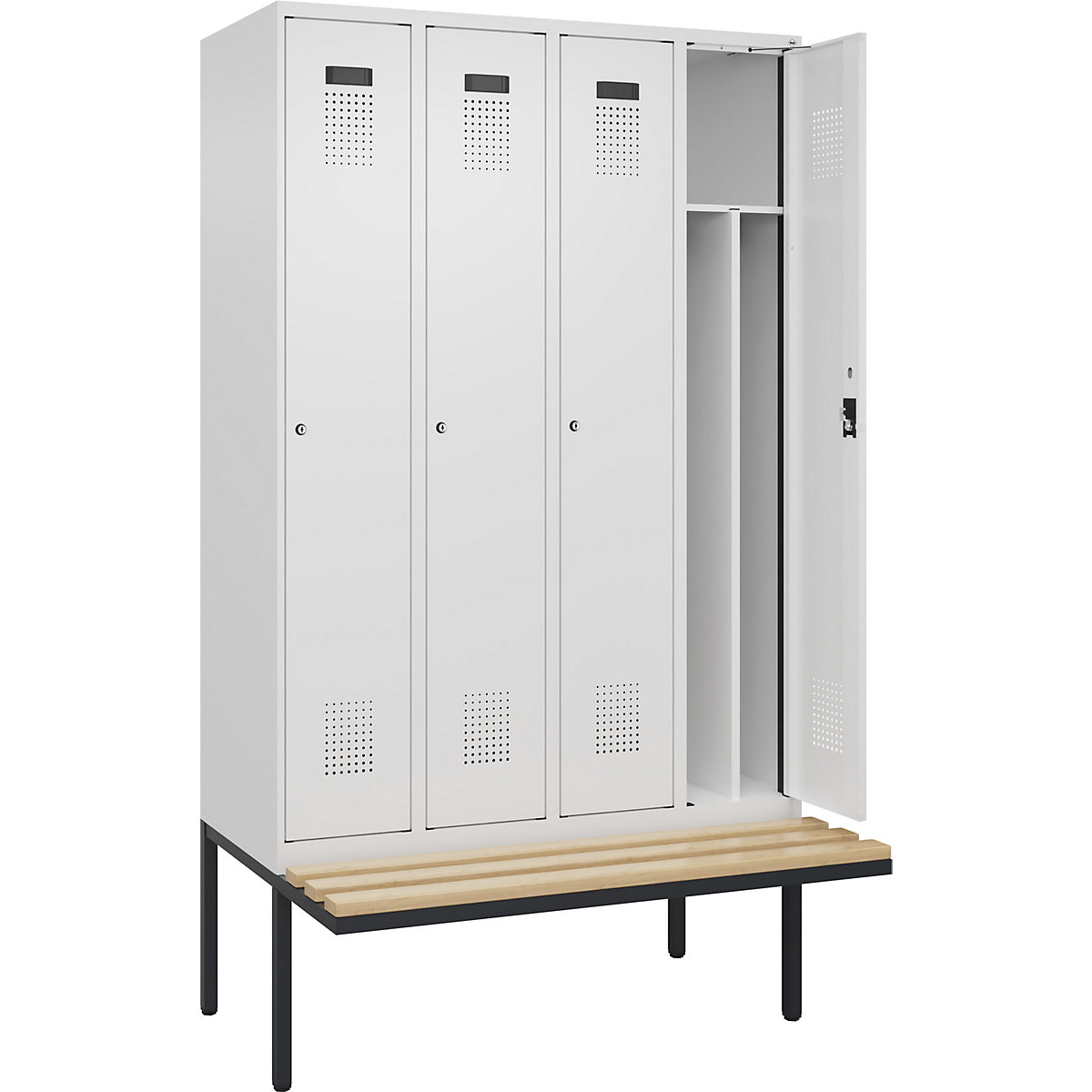 Vestiar pentru haine curate și murdare Evolo PLUS cu bancă, îngust, 4 module, perete despărțitor scurtat, alb, lăț. 1200 mm, încuietoare cilindrică, cu banchetă în consolă, fag-0