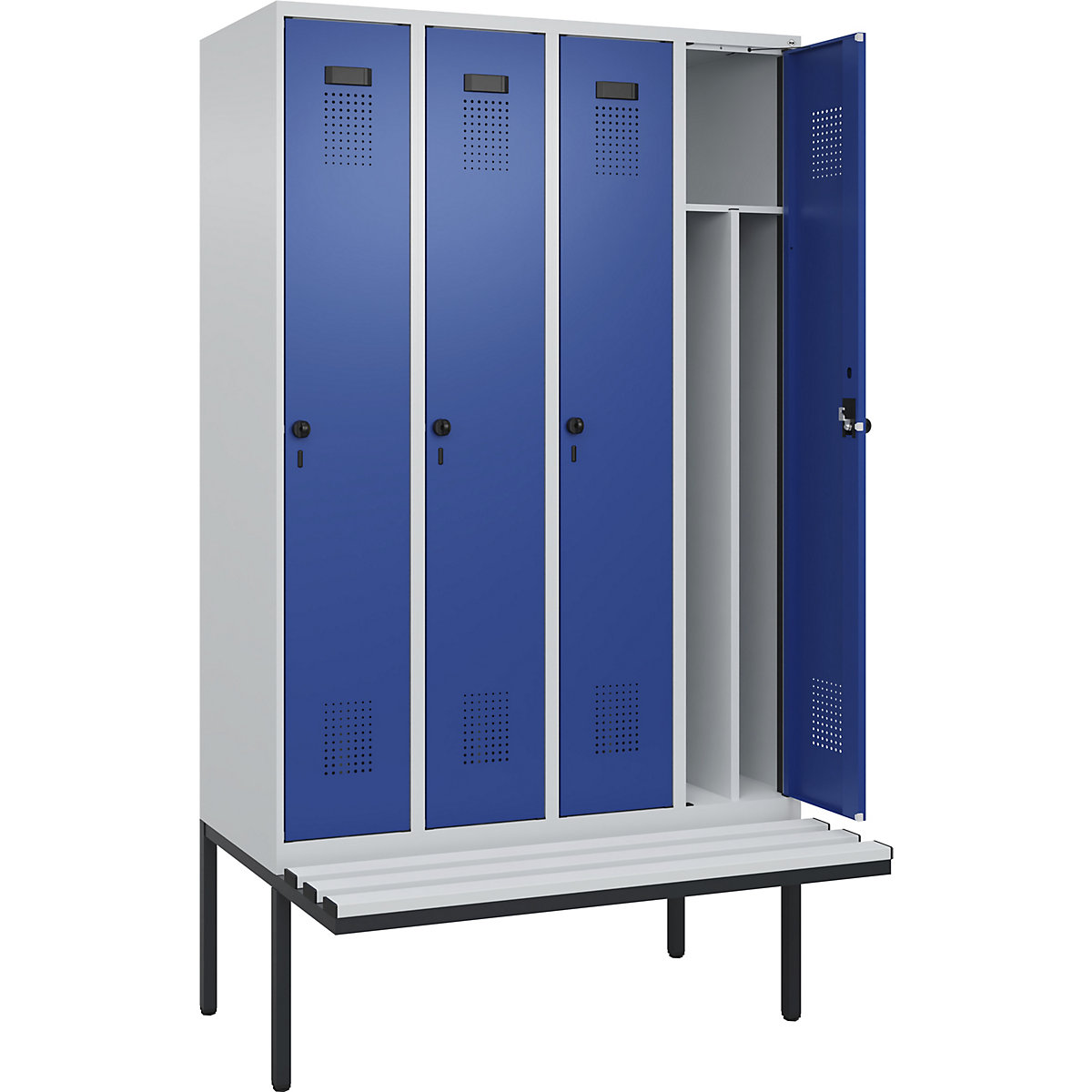 Vestiar pentru haine curate și murdare Evolo PLUS cu bancă, îngust, 4 module, perete despărțitor scurtat, gri deschis / albastru gențiană, lăț. 1200 mm, zăvor rotativ de siguranță, cu banchetă în consolă, plastic-0