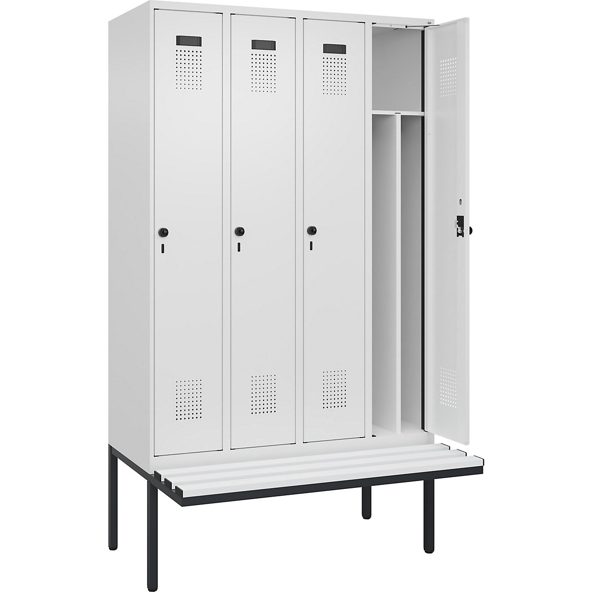 Vestiar pentru haine curate și murdare Evolo PLUS cu bancă, îngust, 4 module, perete despărțitor scurtat, alb, lăț. 1200 mm, zăvor rotativ de siguranță, cu banchetă în consolă, plastic-0