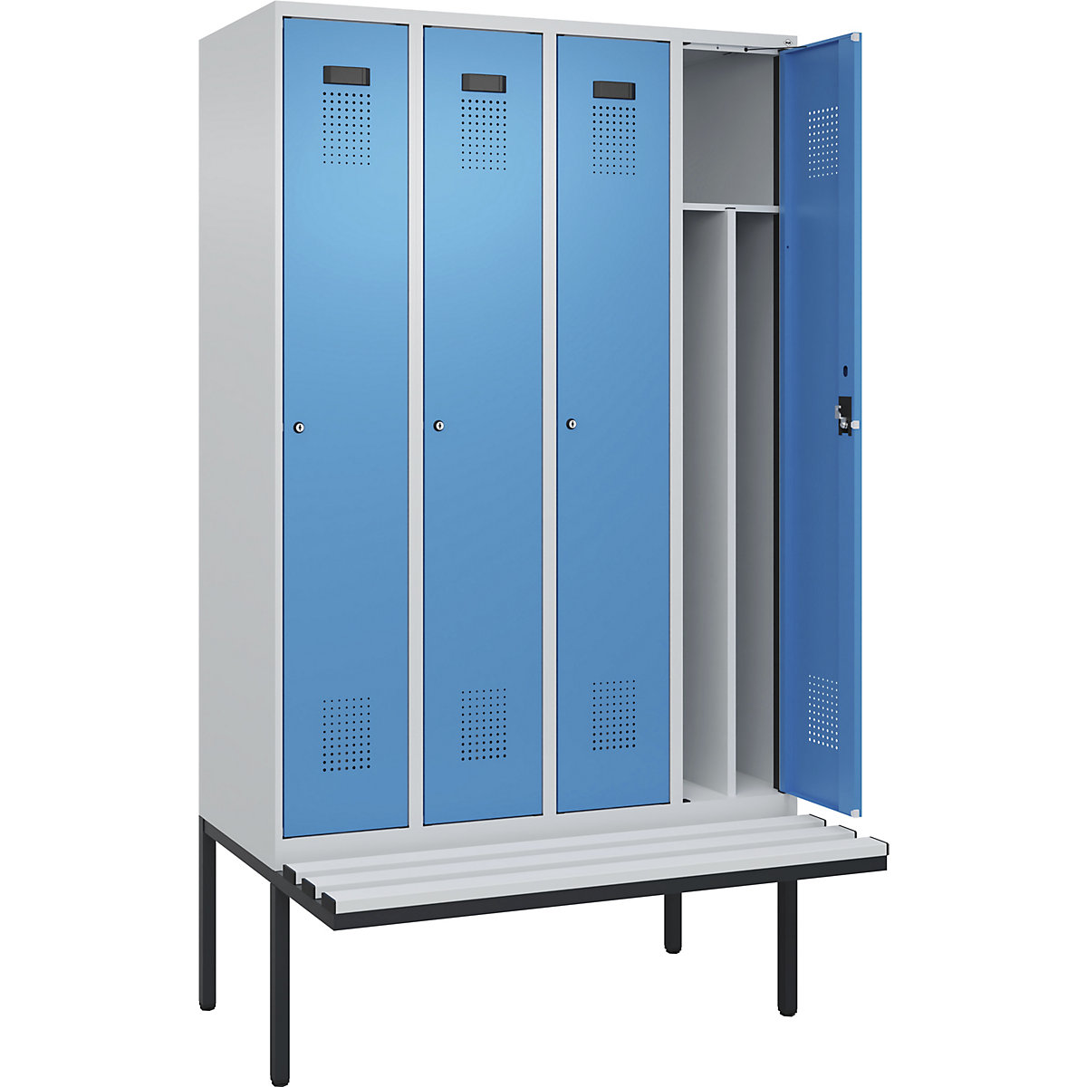 Vestiar pentru haine curate și murdare Evolo PLUS cu bancă, îngust, 4 module, perete despărțitor scurtat, gri deschis / albastru deschis, lăț. 1200 mm, încuietoare cilindrică, cu banchetă în consolă, plastic-0