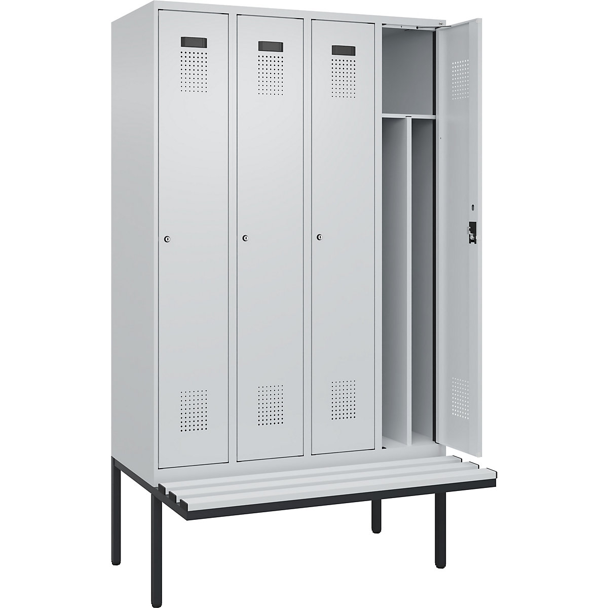 Vestiar pentru haine curate și murdare Evolo PLUS cu bancă, îngust, 4 module, perete despărțitor scurtat, gri deschis / gri deschis, lăț. 1200 mm, încuietoare cilindrică, cu banchetă în consolă, plastic-0