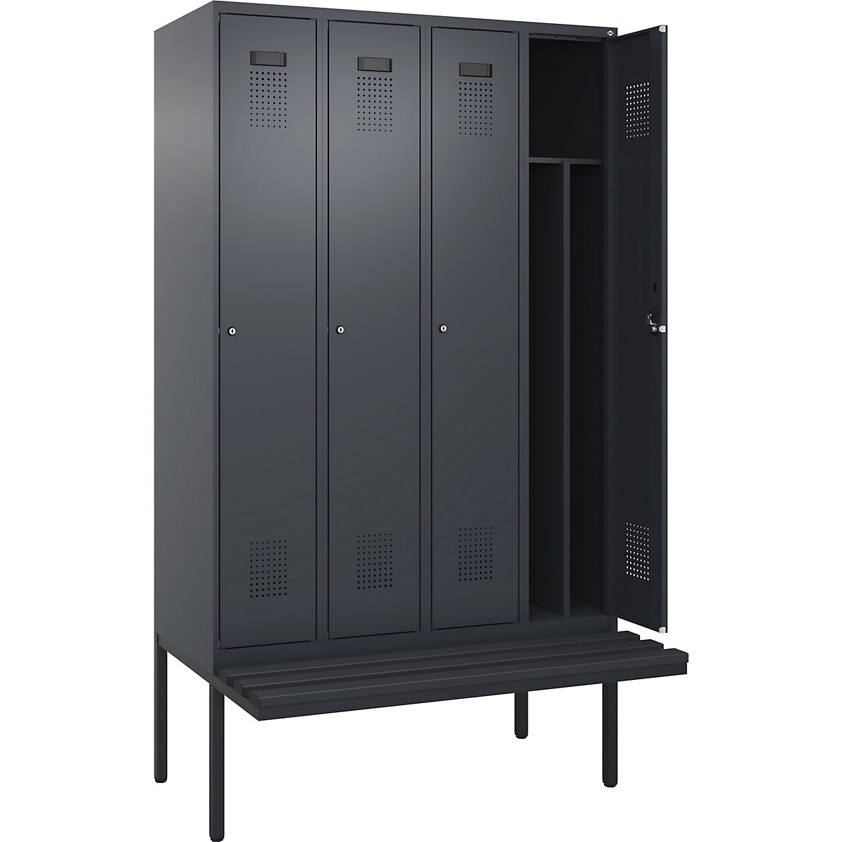 Vestiar pentru haine curate și murdare Evolo PLUS cu bancă, îngust, 4 module, perete despărțitor scurtat, gri, lăț. 1200 mm, încuietoare cilindrică, cu banchetă în consolă, plastic-0