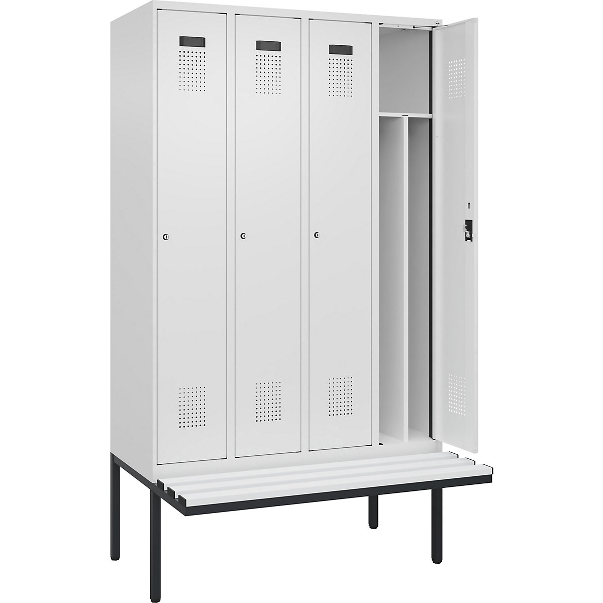 Vestiar pentru haine curate și murdare Evolo PLUS cu bancă, îngust, 4 module, perete despărțitor scurtat, alb, lăț. 1200 mm, încuietoare cilindrică, cu banchetă în consolă, plastic-0