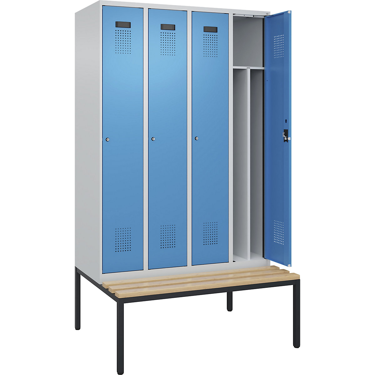 Vestiar pentru haine curate și murdare Evolo PLUS cu bancă, îngust, 4 module, perete despărțitor scurtat, gri deschis / albastru deschis, lăț. 1200 mm, încuietoare cilindrică, cu banchetă amplasată pe podea, fag-0