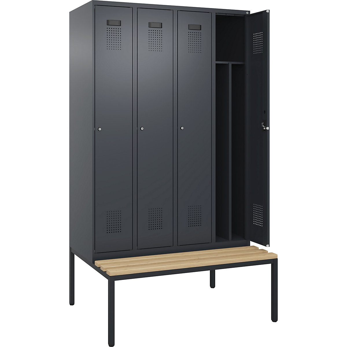 Vestiar pentru haine curate și murdare Evolo PLUS cu bancă, îngust, 4 module, perete despărțitor scurtat, gri, lăț. 1200 mm, încuietoare cilindrică, cu banchetă amplasată pe podea, fag-0