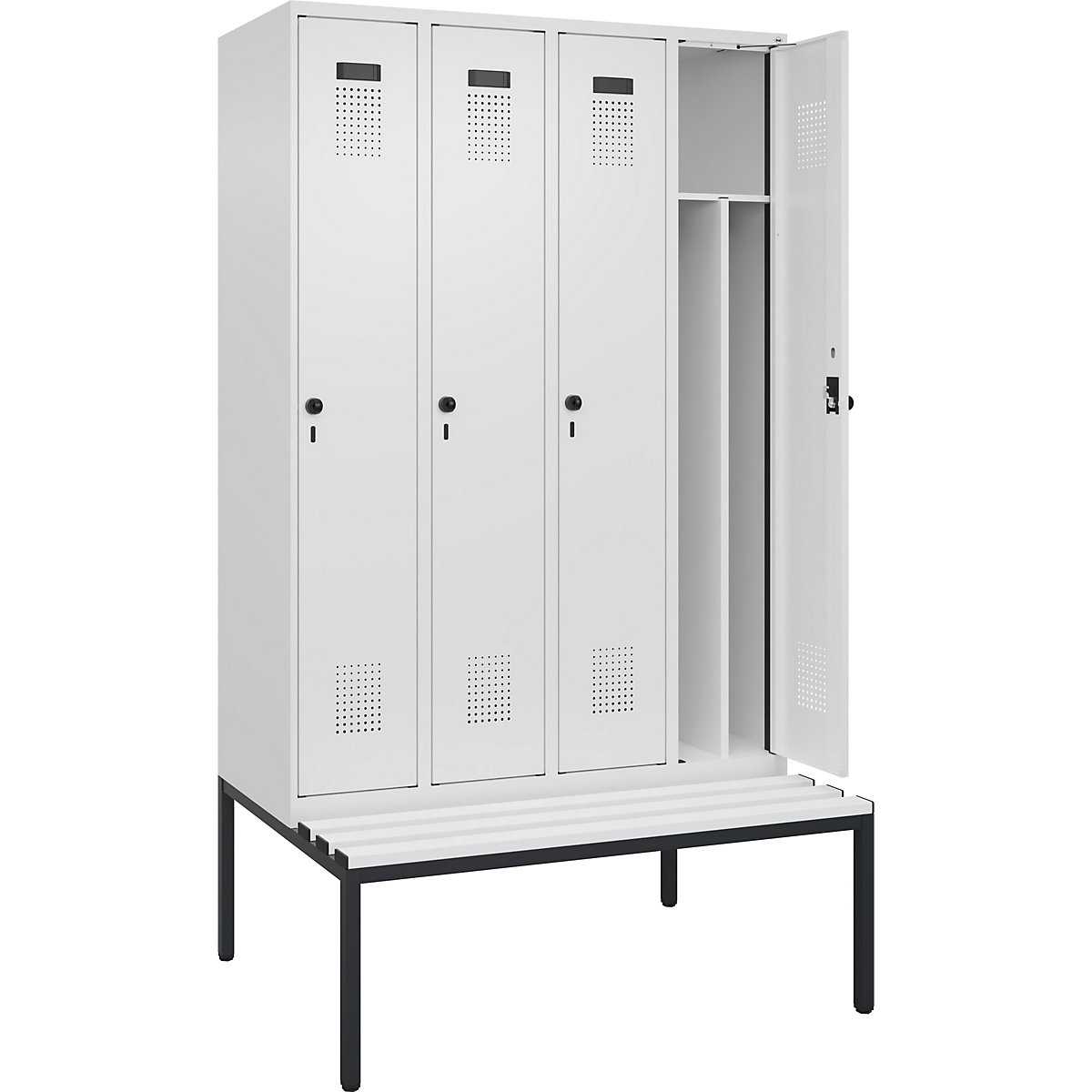 Vestiar pentru haine curate și murdare Evolo PLUS cu bancă, îngust, 4 module, perete despărțitor scurtat, alb, lăț. 1200 mm, zăvor rotativ de siguranță, cu banchetă amplasată pe podea, plastic-0