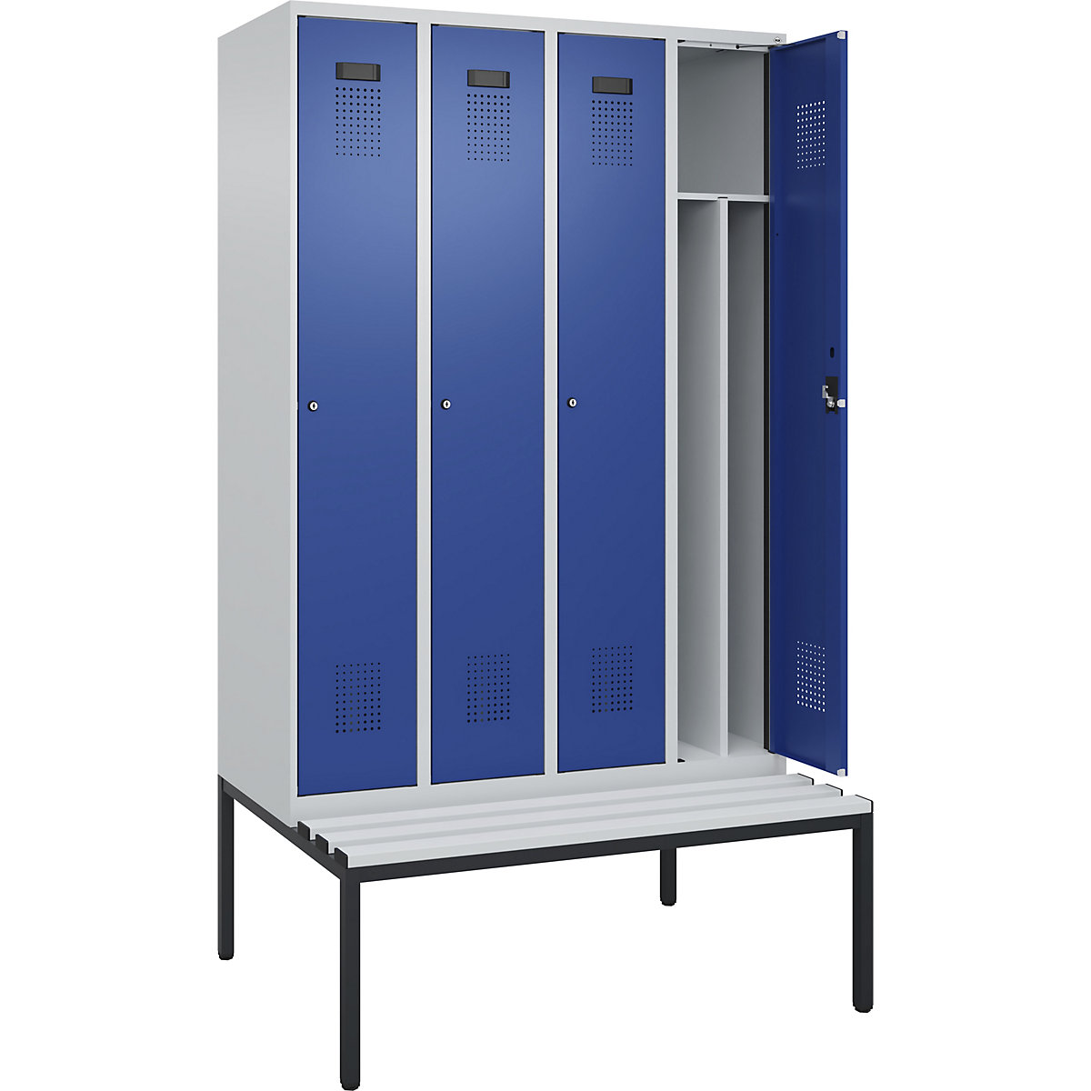 Vestiar pentru haine curate și murdare Evolo PLUS cu bancă, îngust, 4 module, perete despărțitor scurtat, gri deschis / albastru gențiană, lăț. 1200 mm, încuietoare cilindrică, cu banchetă amplasată pe podea, plastic-0