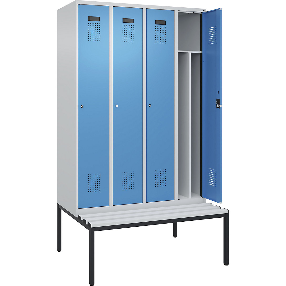 Vestiar pentru haine curate și murdare Evolo PLUS cu bancă, îngust, 4 module, perete despărțitor scurtat, gri deschis / albastru deschis, lăț. 1200 mm, încuietoare cilindrică, cu banchetă amplasată pe podea, plastic-0