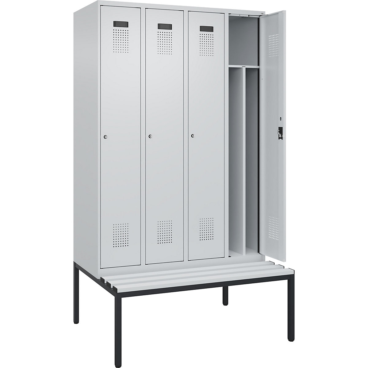 Vestiar pentru haine curate și murdare Evolo PLUS cu bancă, îngust, 4 module, perete despărțitor scurtat, gri deschis / gri deschis, lăț. 1200 mm, încuietoare cilindrică, cu banchetă amplasată pe podea, plastic-0