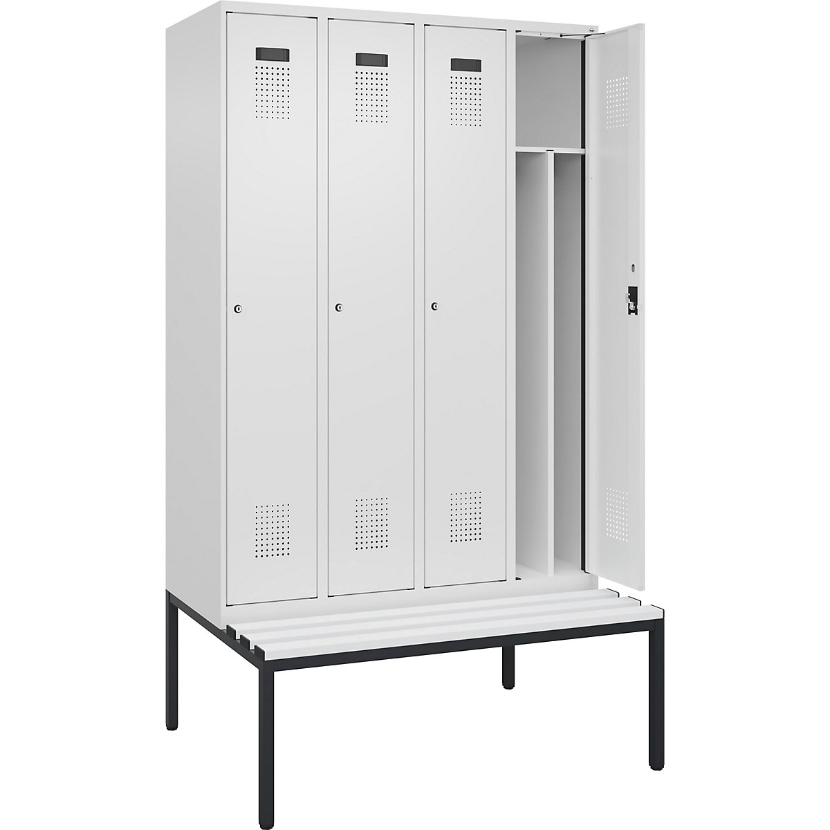 Vestiar pentru haine curate și murdare Evolo PLUS cu bancă, îngust, 4 module, perete despărțitor scurtat, alb, lăț. 1200 mm, încuietoare cilindrică, cu banchetă amplasată pe podea, plastic-0