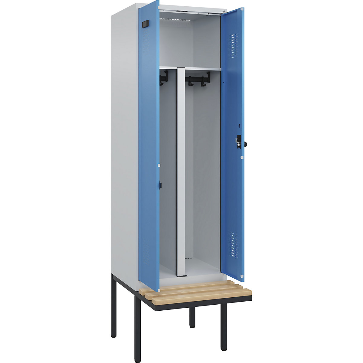 Vestiar pentru haine curate și murdare Evolo PLUS cu bancă, 2 module, perete despărțitor scurtat, gri deschis / albastru deschis, lăț. 600 mm, zăvor rotativ de siguranță, cu banchetă în consolă, fag-0