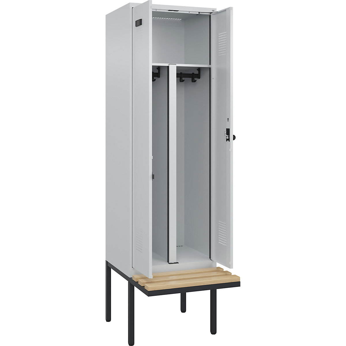 Vestiar pentru haine curate și murdare Evolo PLUS cu bancă, 2 module, perete despărțitor scurtat, gri deschis / gri deschis, lăț. 600 mm, zăvor rotativ de siguranță, cu banchetă în consolă, fag-0