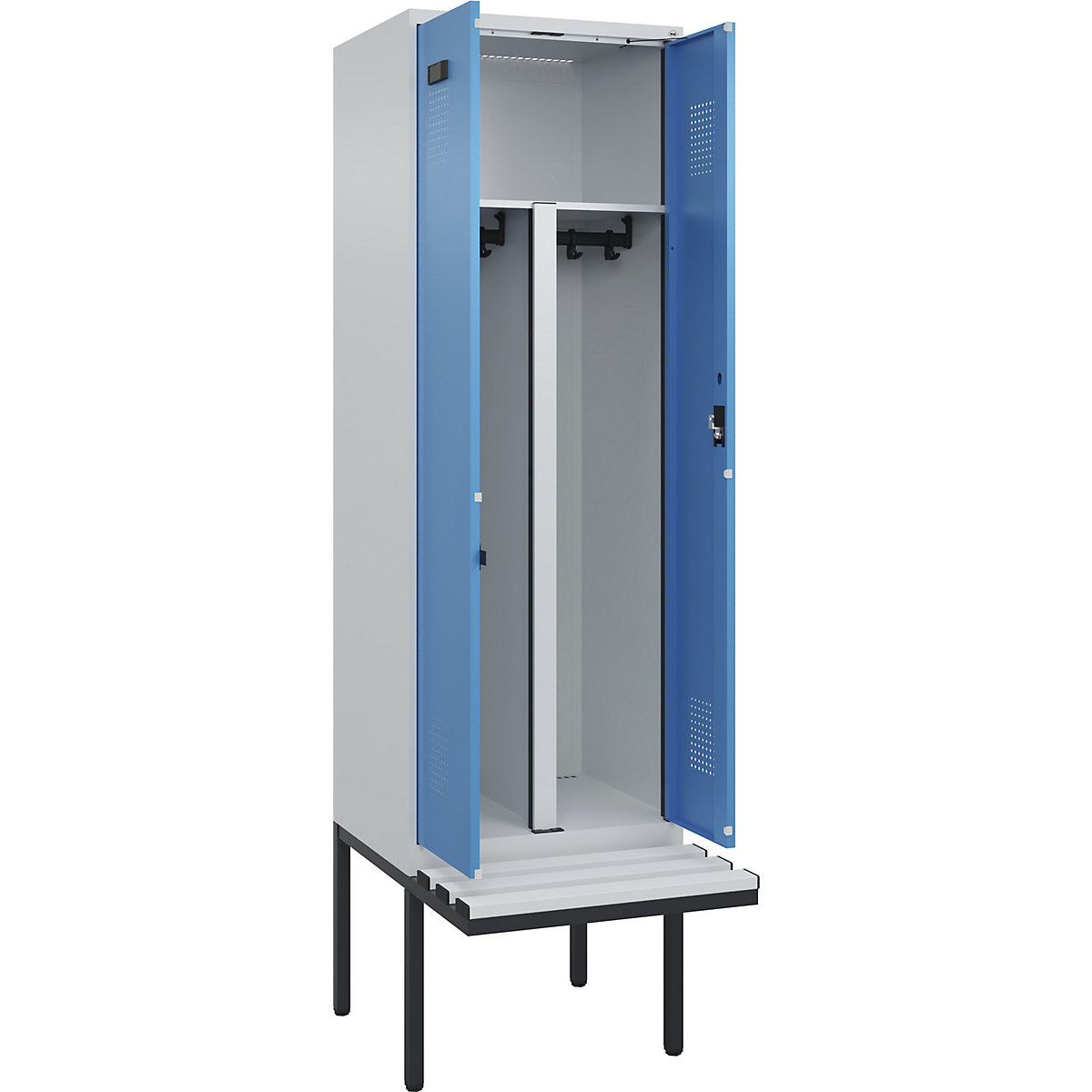 Vestiar pentru haine curate și murdare Evolo PLUS cu bancă, 2 module, perete despărțitor scurtat, gri deschis / albastru deschis, lăț. 600 mm, încuietoare cilindrică, cu banchetă în consolă, plastic-0