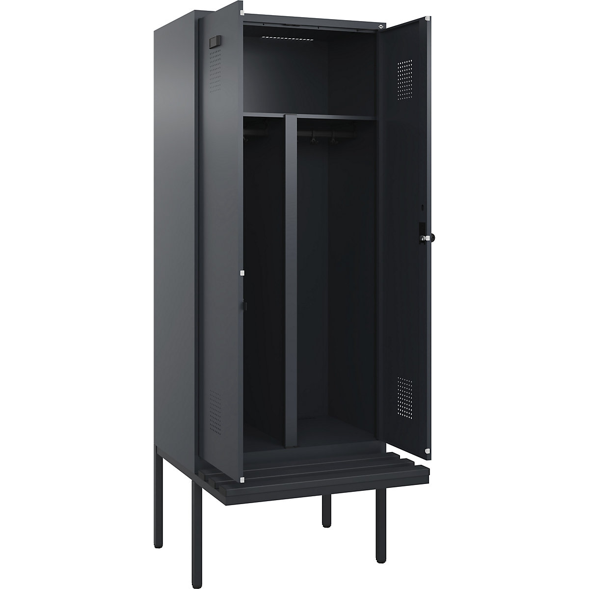 Vestiar pentru haine curate și murdare Evolo PLUS cu bancă, 2 module, perete despărțitor scurtat, gri, lăț. 800 mm, zăvor rotativ de siguranță, cu banchetă în consolă, plastic-0