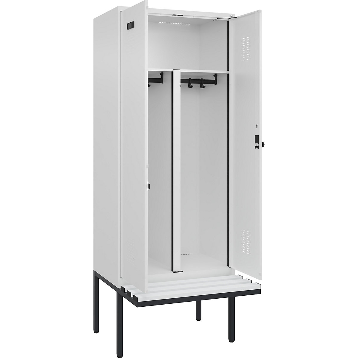 Vestiar pentru haine curate și murdare Evolo PLUS cu bancă, 2 module, perete despărțitor scurtat, alb, lăț. 800 mm, zăvor rotativ de siguranță, cu banchetă în consolă, plastic-0