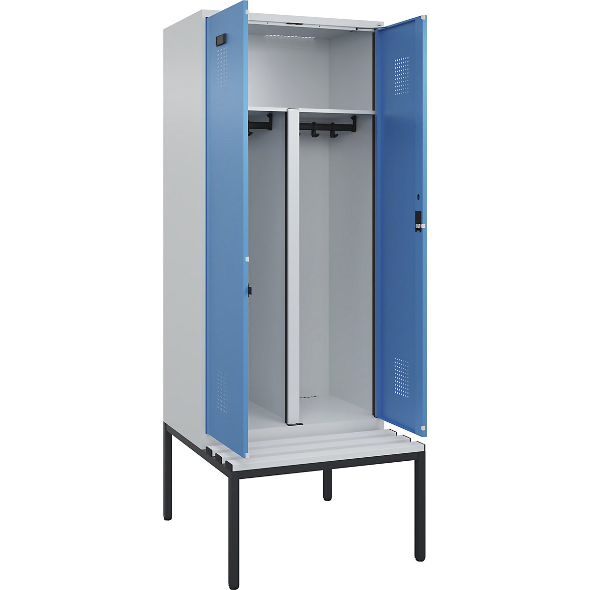 Vestiar pentru haine curate și murdare Evolo PLUS cu bancă, 2 module, perete despărțitor scurtat, gri deschis / albastru deschis, lăț. 800 mm, încuietoare cilindrică, cu banchetă amplasată pe podea, plastic-0