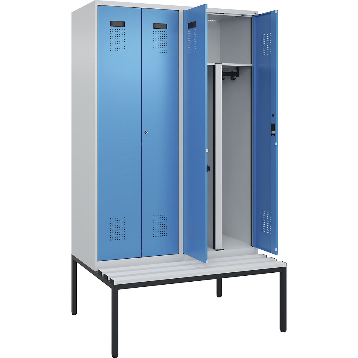 Vestiar pentru haine curate și murdare Evolo PLUS cu bancă, 4 module, perete despărțitor scurtat, gri deschis / albastru deschis, lăț. 1200 mm, încuietoare cilindrică, cu banchetă amplasată pe podea, plastic-0