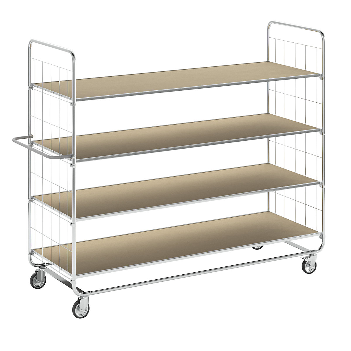 ESD shelf truck, with 4 shelves – Kongamek, 4 castors, 2 with stops, LxWxH 1395 x 470 x 1120 mm, 5+ items-5