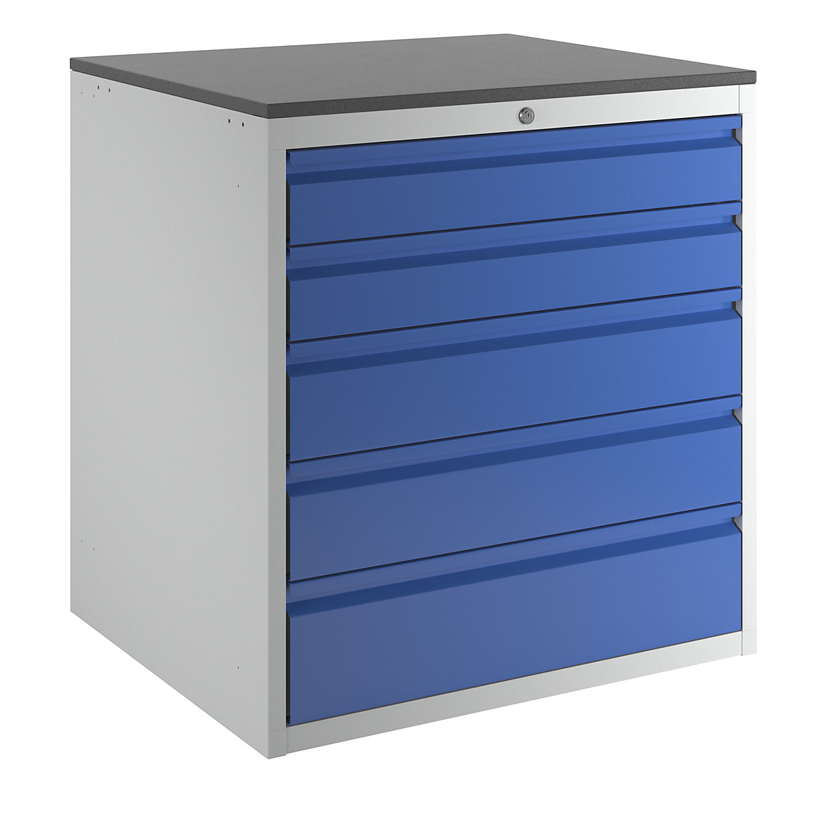 Armário de gavetas com guias telescópicas – RAU, altura 820 mm, gavetas 2 x 120, 2 x 150, 1 x 180 mm, cinzento claro / azul genciana, largura 770 mm-3