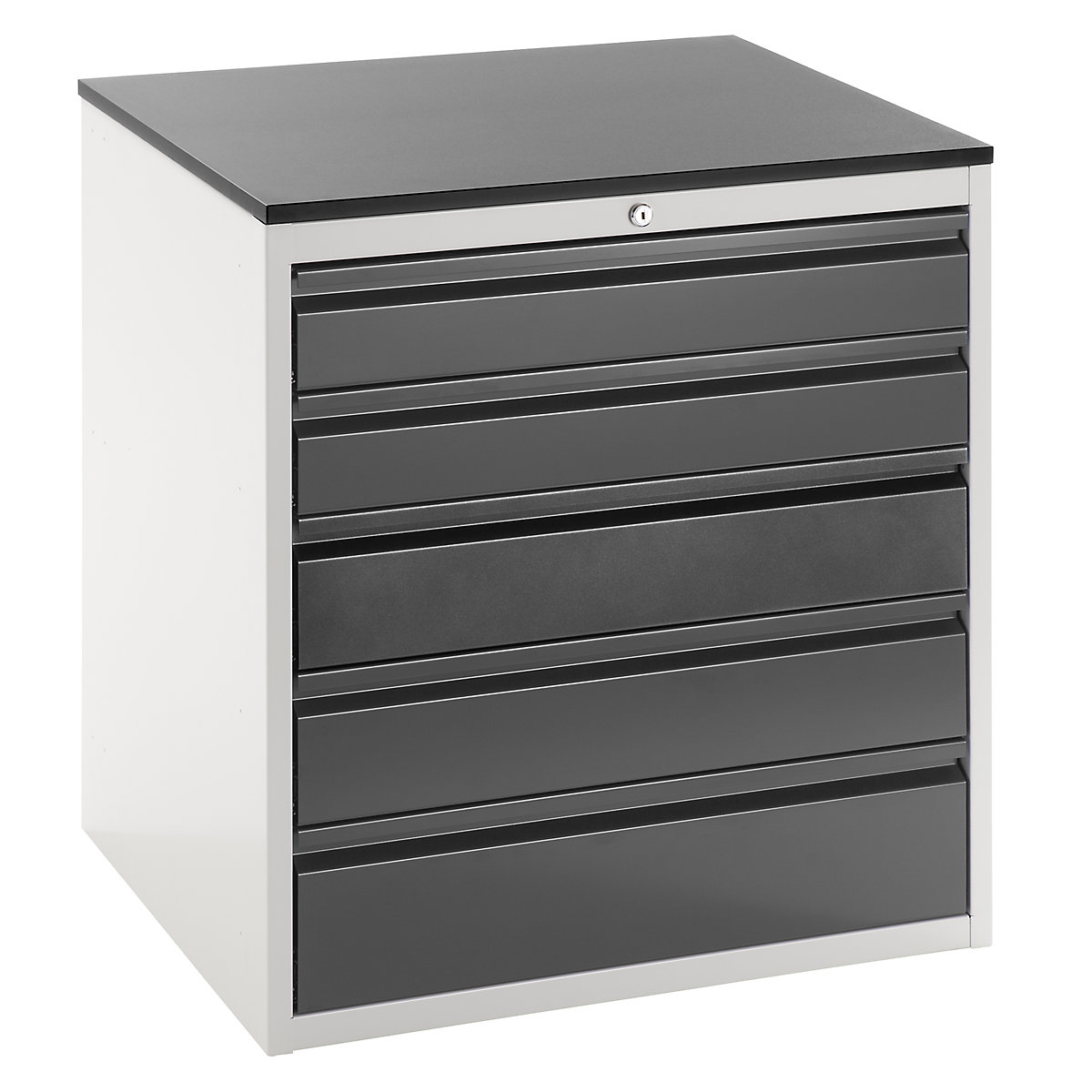 Armário de gavetas com guias telescópicas – RAU, altura 820 mm, gavetas 2 x 120, 2 x 150, 1 x 180 mm, cinzento claro / antracite, largura 770 mm-4