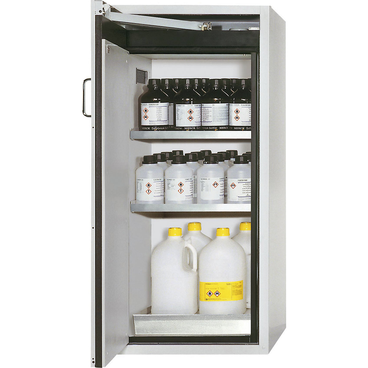 Armario resistente al fuego de tipo 90 para sustancias peligrosas – asecos, de 1 puerta, H x A x P exteriores 1298 x 600 x 615 mm, gris, acero inoxidable-10